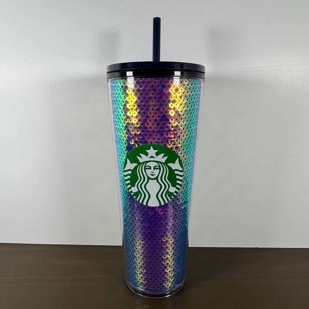 Starbucks‎ 2020 Mermaid Sequin Iridescent Venti Cold Cup Tumbler 24oz Navy Blue